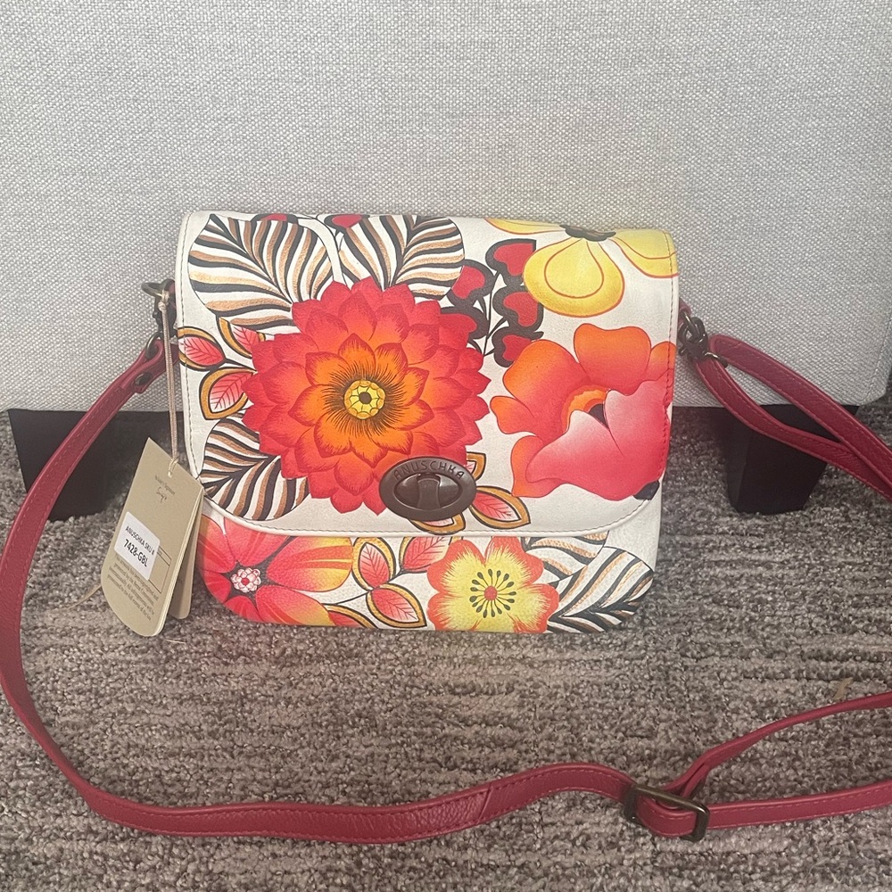 NEW ANUSCHKA GARDEN BLOOM HAND-PAINTED LEATHER CROSSBODY SADDLE PURSE